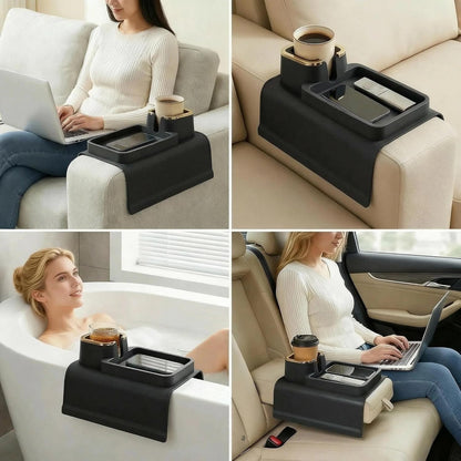 Luxury Gold Trim Couch Cup Holder Tray - Weighted Anti-Spill Navy Blue Silicone Sofa Armrest Organizer, Non-Slip Recliner Tray Table for Drinks, Remote, Phone - Fits Most Couch Arms
