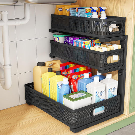 Kitstorack Under Sink Organizer, 2-Pack 3-Tier Height Adjustable Thickened Metal Pull out Cabinet Organizer Shelf, Slide out Storage Drawer Rack for Bathroom Kitchen Pantry Home Laundry Organization