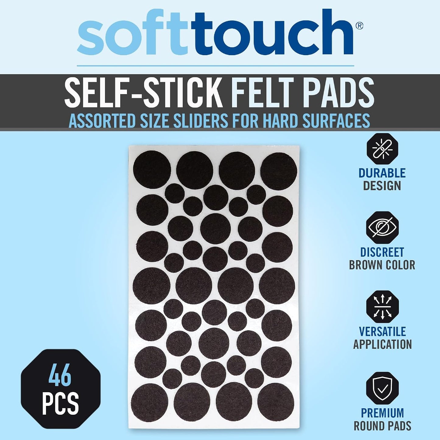 SoftTouch Assorted Size Round Mini Self-Stick Furniture Slider Felt Pads for Hard Surfaces, Noise-Reducing Adhesive Furniture Moving Pads for Beds, Sofas, Dressers, 46-Count, Brown