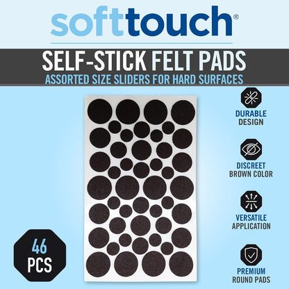 SoftTouch Assorted Size Round Mini Self-Stick Furniture Slider Felt Pads for Hard Surfaces, Noise-Reducing Adhesive Furniture Moving Pads for Beds, Sofas, Dressers, 46-Count, Brown