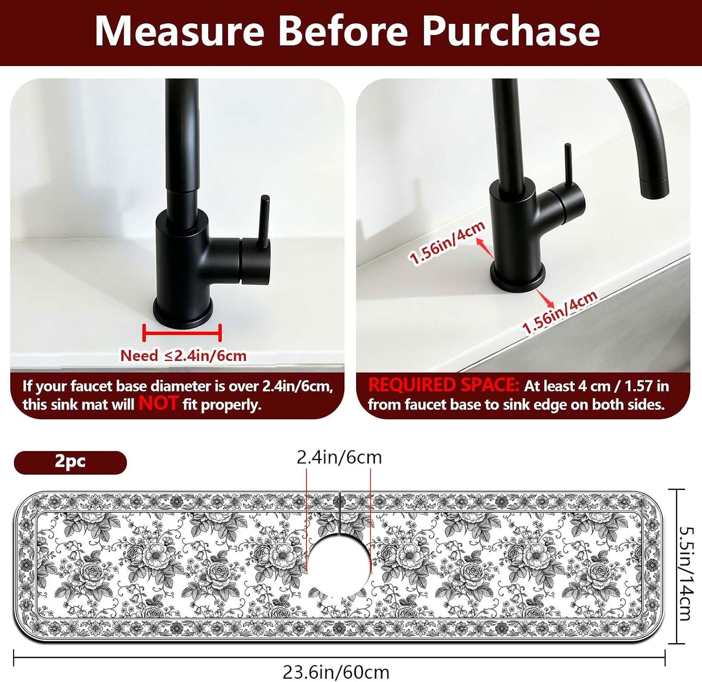 2 Pcs Kitchen Sink Splash Guard Faucet Mat Wood Grain Pattern Faucet Mat for Sinks Natural Wood Color Absorbing Drying Mats for Kitchen Bathroom, 23.6x5.5inch