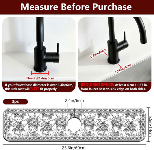 2 Pcs Kitchen Sink Splash Guard Faucet Mat Vintage Green Insects and Plants Faucet Mat for Sinks Absorbing Drying Mat for Kitchen Bathroom, 23.6x5.5inch