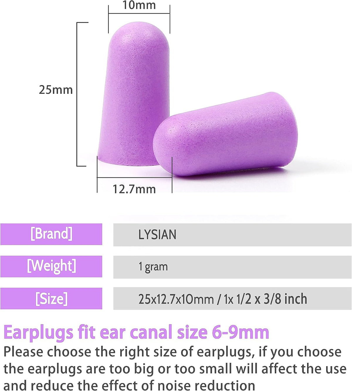 LYSIAN Foam Ear Plugs for Sleep, 60 Pairs, 38dB SNR, Purple