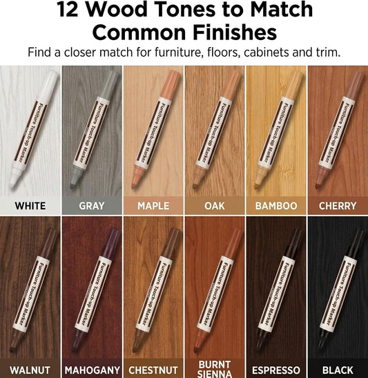 12 Colors Furniture Touch Up Markers, Wood Scratch Repair Markers for Scratches, Scuffs, Nicks on Furniture, Cabinets, Wood Floors, Tables, Doors, Trim & Bedposts