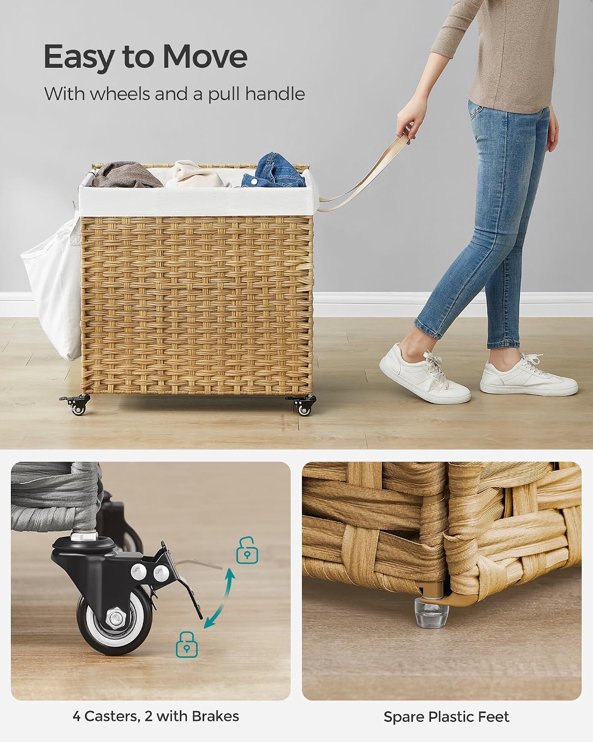 SONGMICS Laundry Hamper with Lid, 42.3 Gallons (160 L), Rolling Laundry Basket with Wheels, 3-Section Synthetic Rattan, Removable Liner, Bedroom, 29.9 x 13 x 26 Inches, Natural ULCB365N01