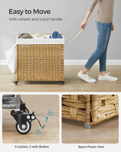 SONGMICS Laundry Hamper with Lid, 42.3 Gallons (160 L), Rolling Laundry Basket with Wheels, 3-Section Synthetic Rattan, Removable Liner, Bedroom, 29.9 x 13 x 26 Inches, Natural ULCB365N01
