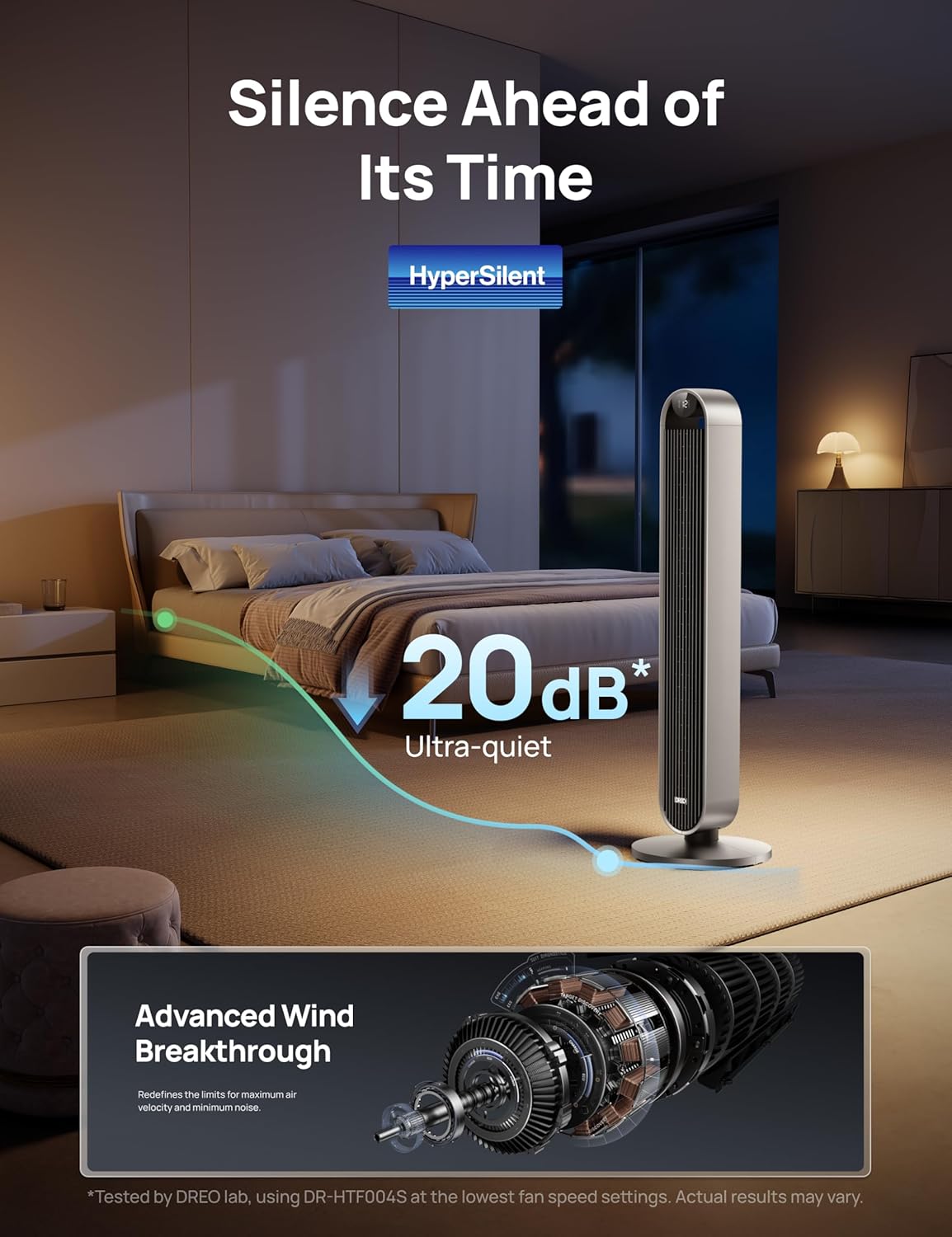 DREO Smart Tower Fan for Bedroom, 120° Oscillating Fan, 20dB Quiet DC Motor | 28ft/s Airflow, 12 Speeds, 4 Modes Bladeless Standing Fan, 12H Timer Cooling Fan for Home, Living Room, App & Alexa Control