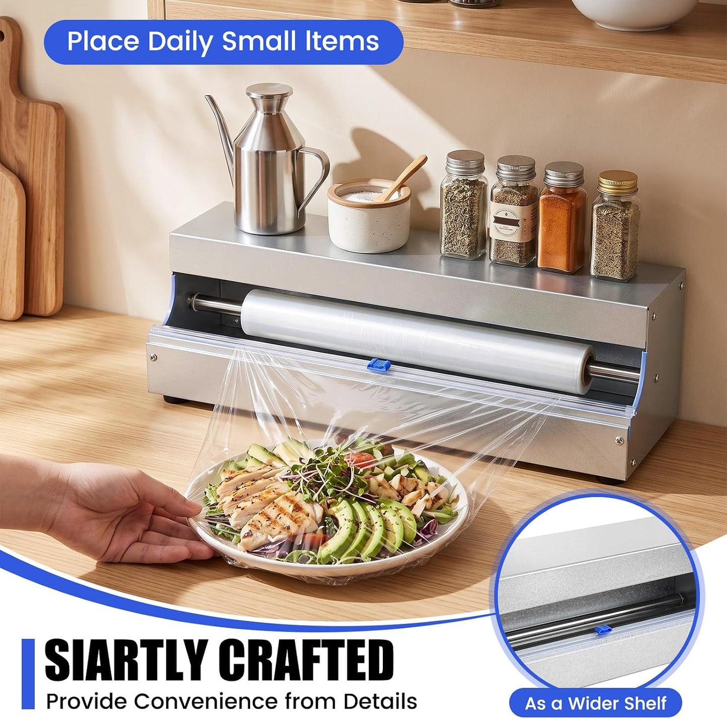 Lounsweer 18 Inch Stainless Steel Plastic Wrap Dispenser with Slide Cutter | with 2 Slide Blades, Fit 9.8"-18" Width Cling Film, Rustproof Manual Wrapper for Household Commercial Food Packaging