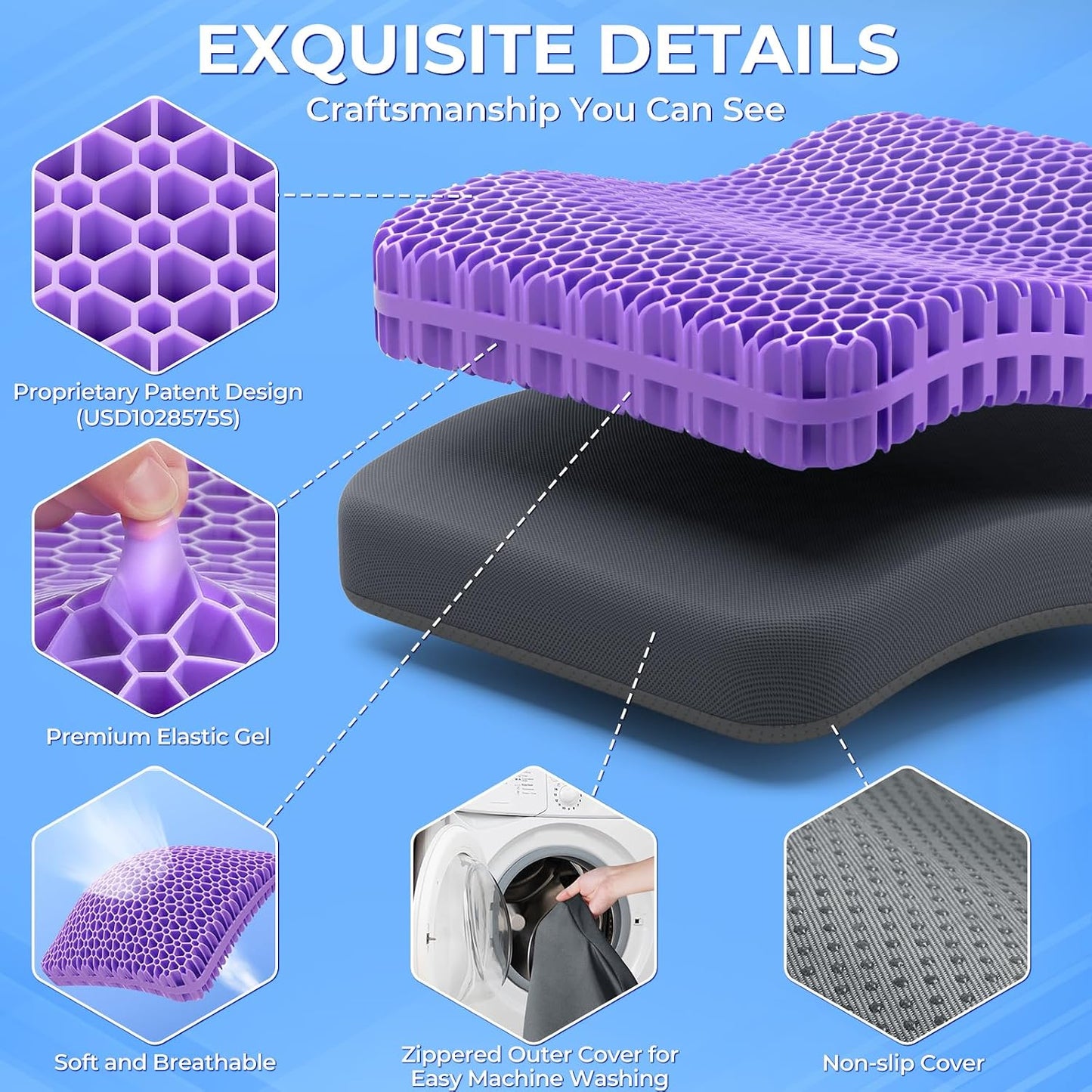TushGuard Gel Seat Cushion for Long Sitting, Breathable Thick Patent Design | Enlarged Cooling Chair Pad for Office, Wheelchair, Soft Car Cushion for Back, Hip, Sciatica (Standard, Black+Violet)