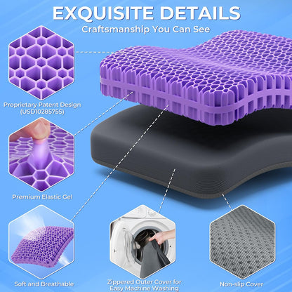 TushGuard Gel Seat Cushion for Long Sitting, Breathable Thick Patent Design | Enlarged Cooling Chair Pad for Office, Wheelchair, Soft Car Cushion for Back, Hip, Sciatica (Standard, Black+Violet)