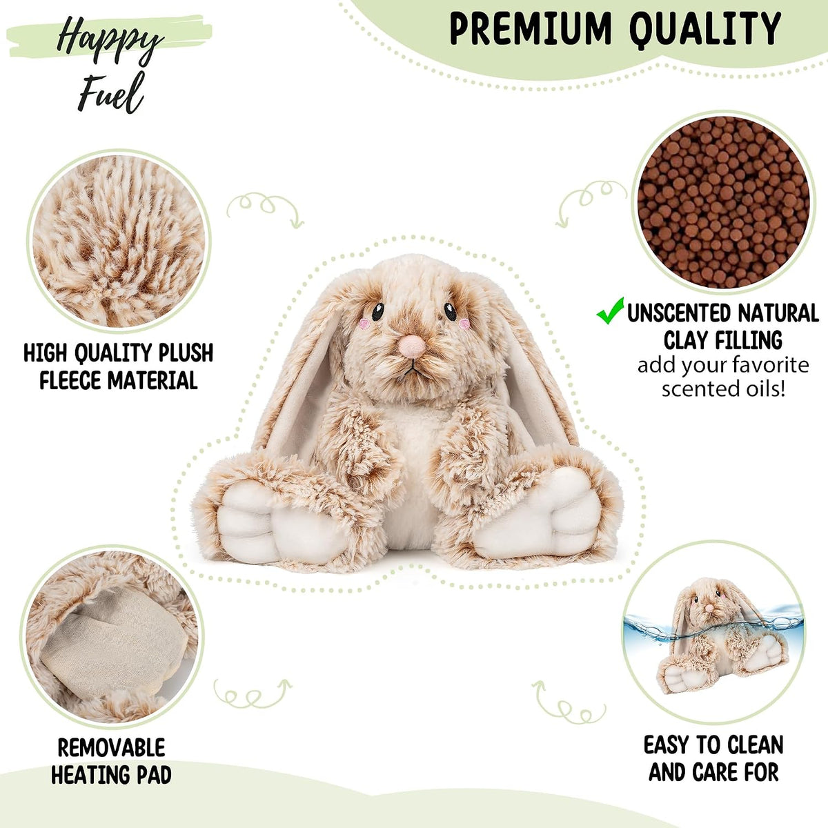 Bunny Microwavable & Weighted Stuffed Animals - 1.5 Lbs Unscented Heating Pad for Period Cramps Pain Relief and Anxiety, Cute Bunny Plush Toys Gifts for Women Girls Adults and Kids by Happy Fuel