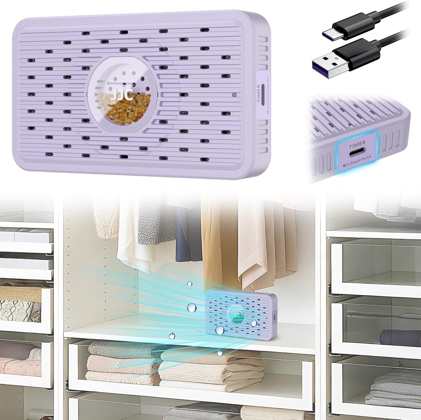 Auto Power-off USB C Rechargeable Dehumidifier Desiccant for Gun Safe | Small Reusable Electric Moisture Absorber for Storage Closet Cabinet Windowsill Bookcase & More Small Area