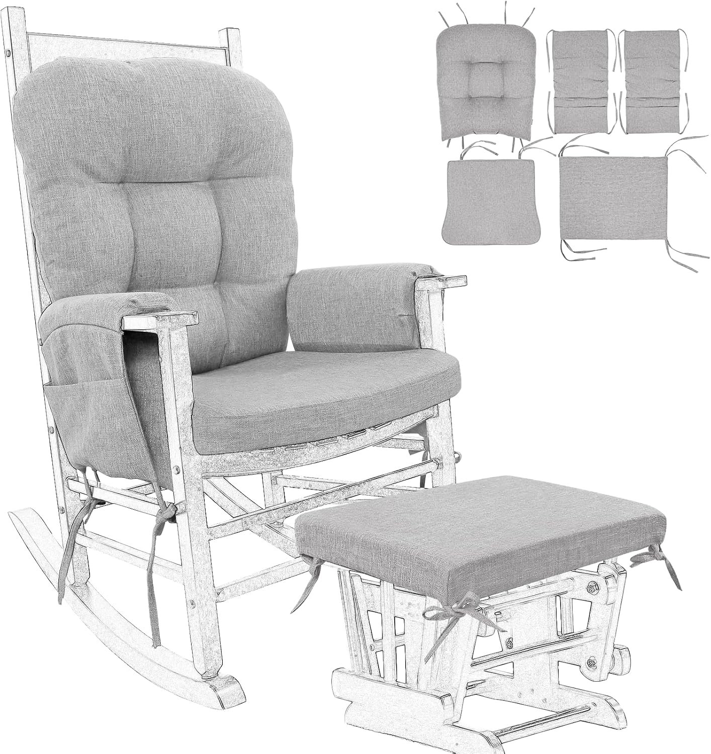 BUYUE Glider Rocker Replacement Cushion 5 PCS with Ties, Linen High-Density Foam Non-Slip & Washable Rocking Chair Pads for Sitting,Red
