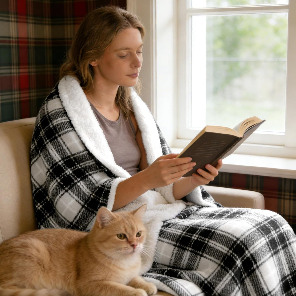 Heated Electric Blanket, Red Christmas Sherpa Plaid Throw Blanket