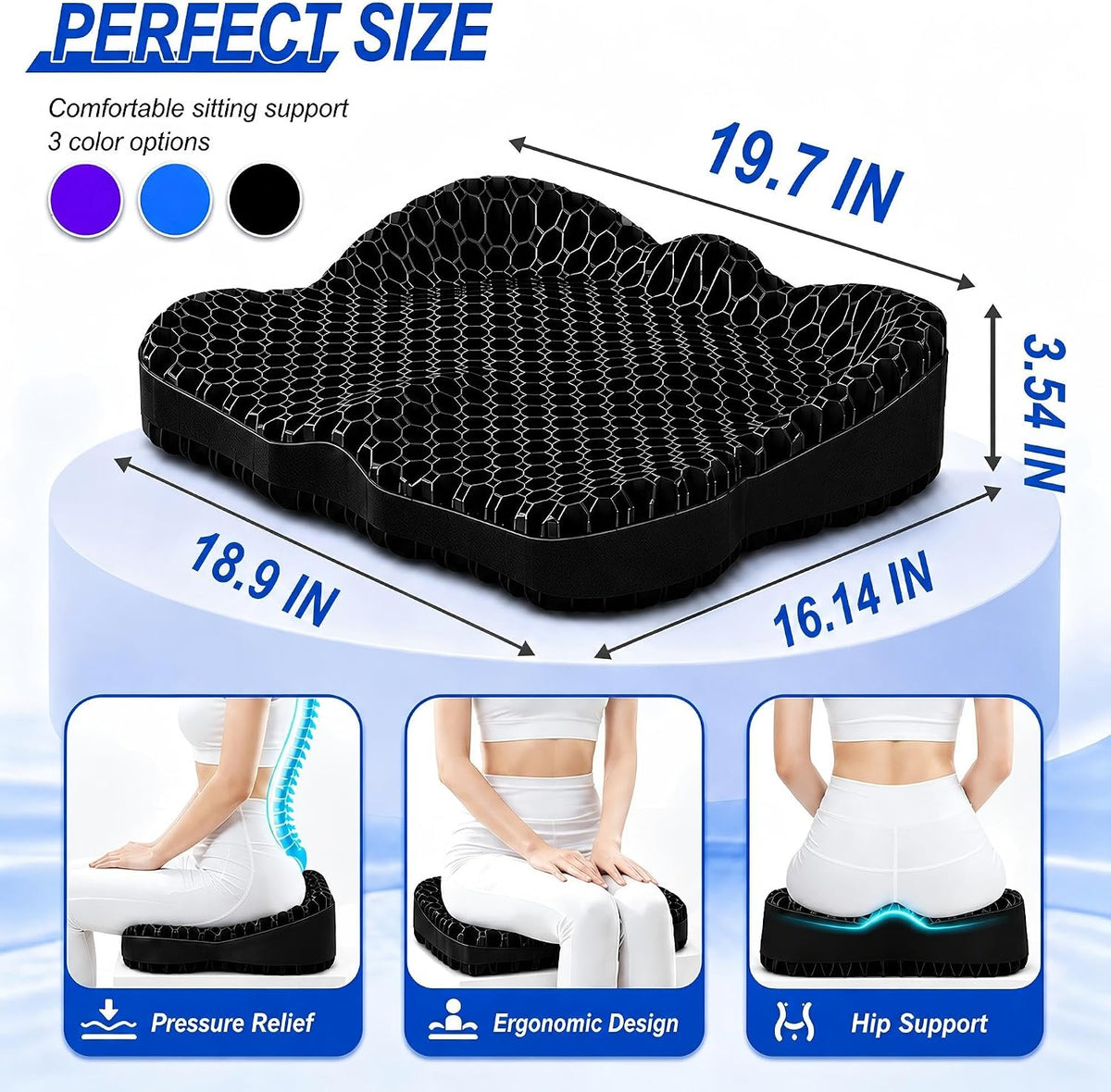 Thicken 19.7in Seat Cushion, Gel Seat Cushion for Long Sitting–Office Chair, Wheelchair, Car Pad, Large Cooling Support Pad for Back Pain, Sciatica, Tailbone Pain Relief