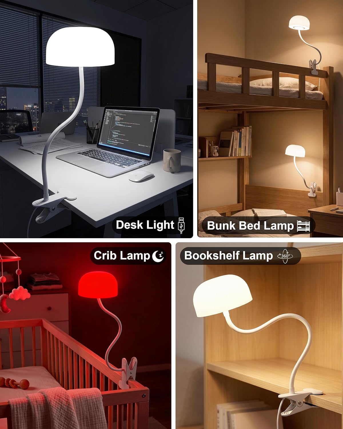Clip on Light for Bed, Headboard Reading Lamp, Dorm Room Essentials | Flexible Mushroom Desk Lamp, Top & Bottom Lighting, 3 Colors Modes+670nm Red Light LEDs, 5 Brightness,Timer, Adapter Included