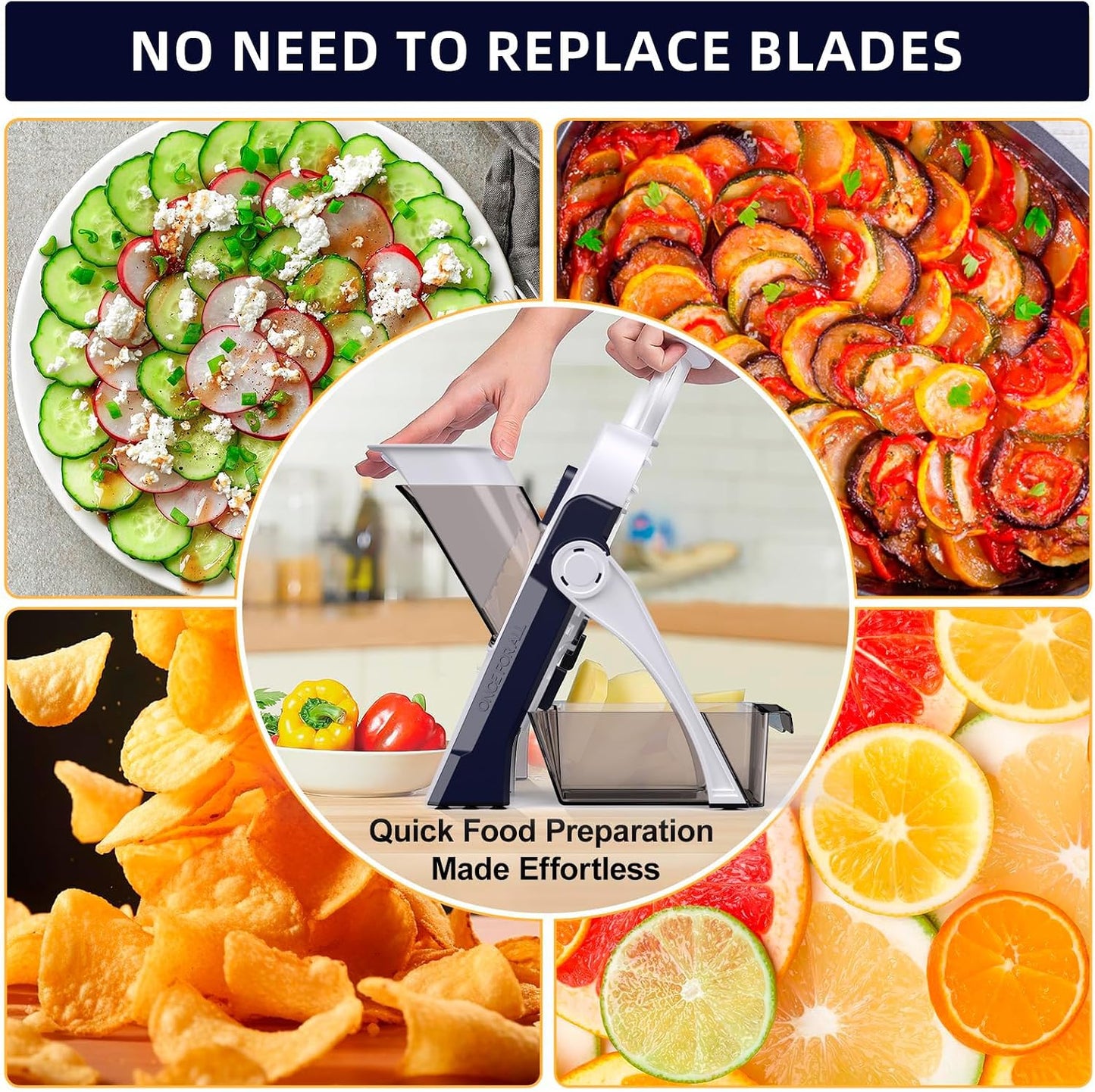 Jonscook All-in-1 Safe Mandoline Slicer for Kitchen, Vegetable Slicer with Container, Adjustable Veggie Mandoline, French Fry Cutter, Potato/Tomato/Onion Slicer, Grater/Cleaning Brush (Black Knight)