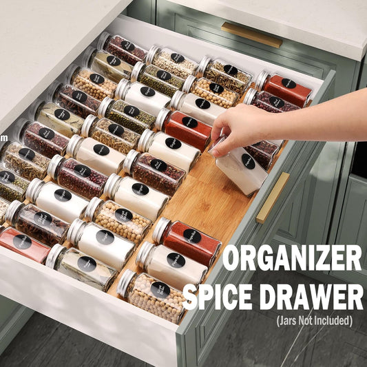 Bamboo Spice Drawer Organizer, 4 Tier Expandable From 13" to 26"
