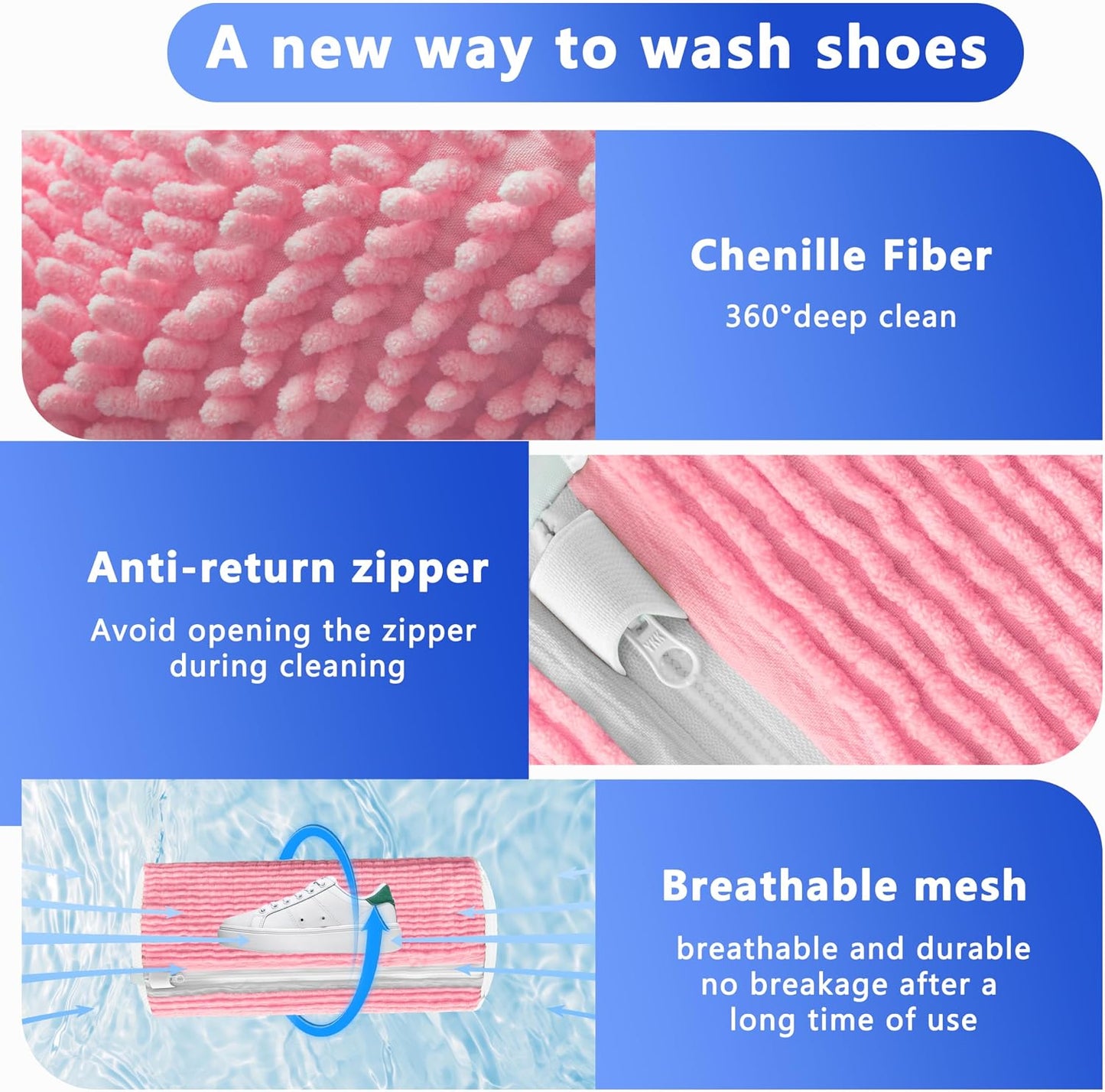 Reusable Shoe Washing Bag, 2-Pack Chenille Laundry Bag for Washer & Dryer. | Soft chenille fibers help deep clean sneakers while the hidden zipper keeps shoes secure and helps protect your washer.