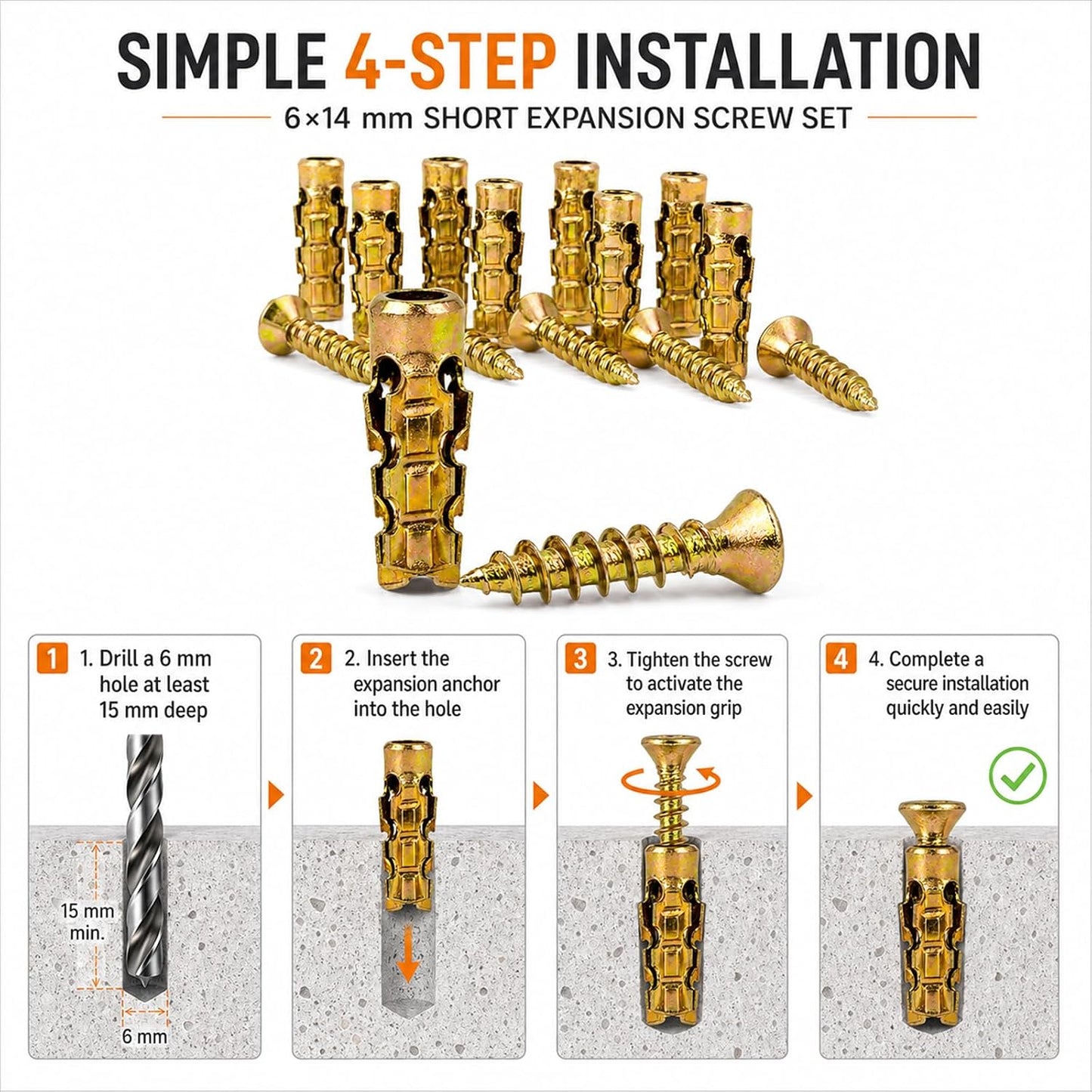6×14mm Short Expansion Screw Set for Cabinet Hinge Repair, Expansion Anchor | Cabinet Hinge Screws for Stripped Hole Repair, Door Hinge Repair Kit, 30/50/100 pcs Wall Anchors and Matching Screw (30PCS)