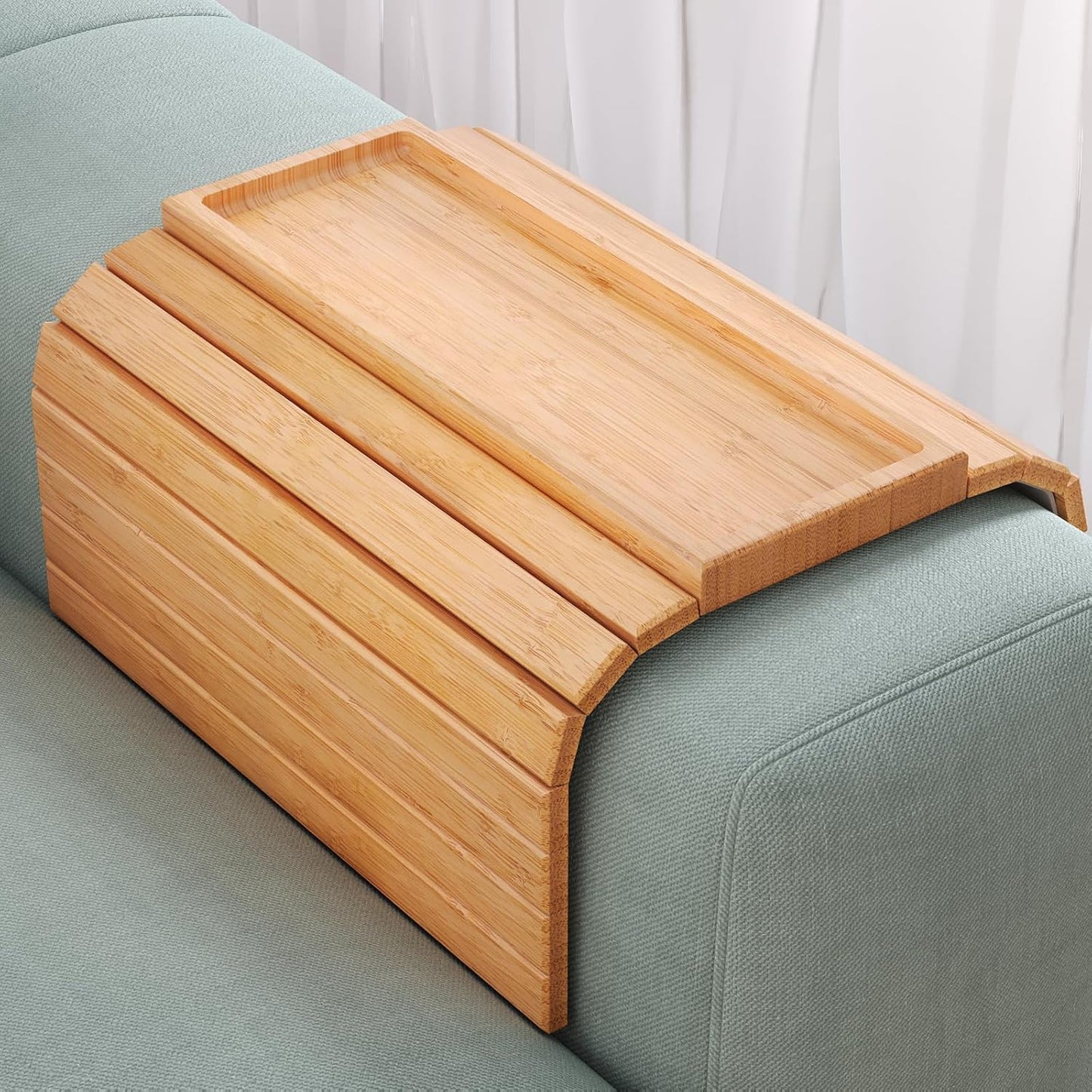 Bamboo Folding Sofa Arm Tray with Anti-Slip Pad (Natural) | Couch Armrest Tray,Foldable Build, Space-Saving Storage, No Assembly, easy to clean, universal arm fit,Gift box
