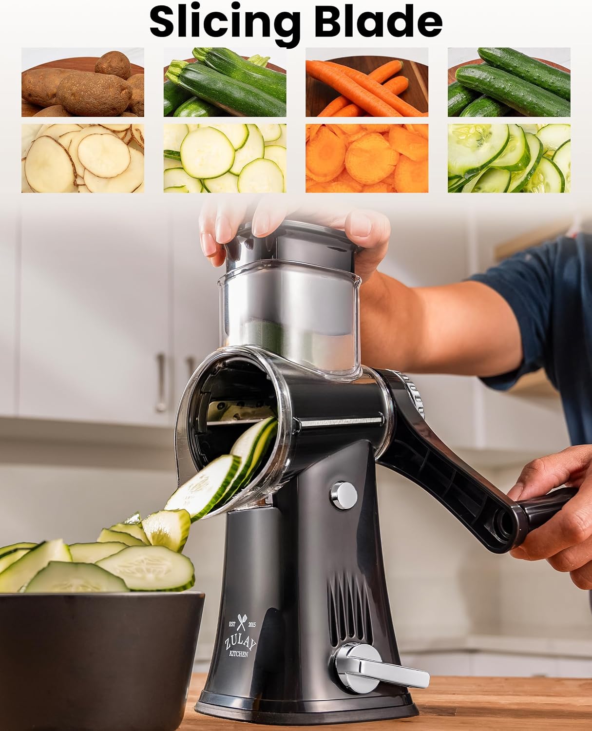 Zulay Kitchen Rotary Cheese Grater 5 Blade Cheese Shredder - Manual Hand Crank Cheese Grater With Reinforced Suction & 5 Interchangeable Drums - Easy to Use, Vegetable Chopper Round Mandoline Slicer - Colors A