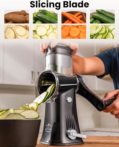 Zulay Kitchen Rotary Cheese Grater 5 Blade Cheese Shredder - Manual Hand Crank Cheese Grater With Reinforced Suction & 5 Interchangeable Drums - Easy to Use, Vegetable Chopper Round Mandoline Slicer - Colors A