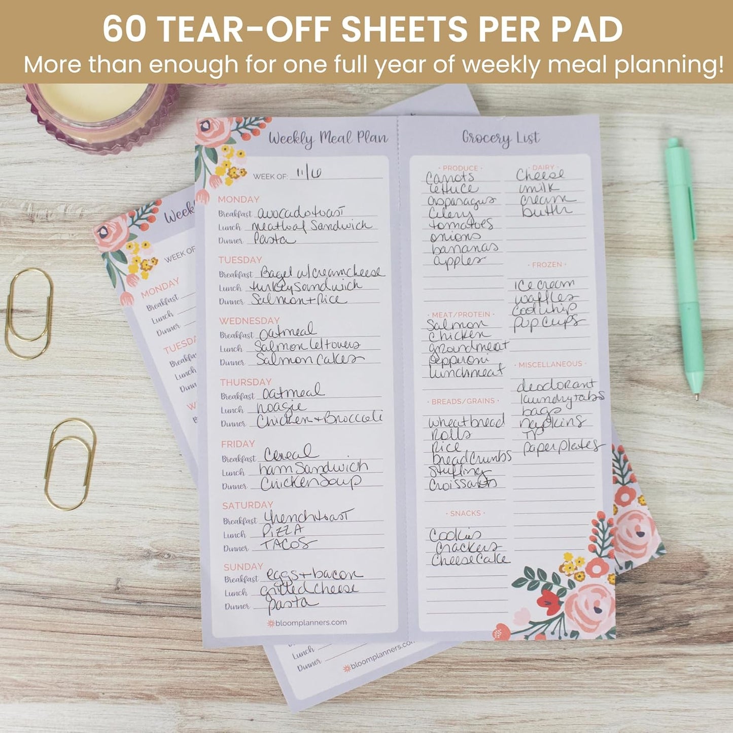 bloom daily planners Horizontal Weekly Magnetic Meal Planning Pad for Fridge with Tear-Off Grocery Shopping List - Hanging Food/Menu Organizer Notepad with Magnets - 8.5” x 11” - Lemons