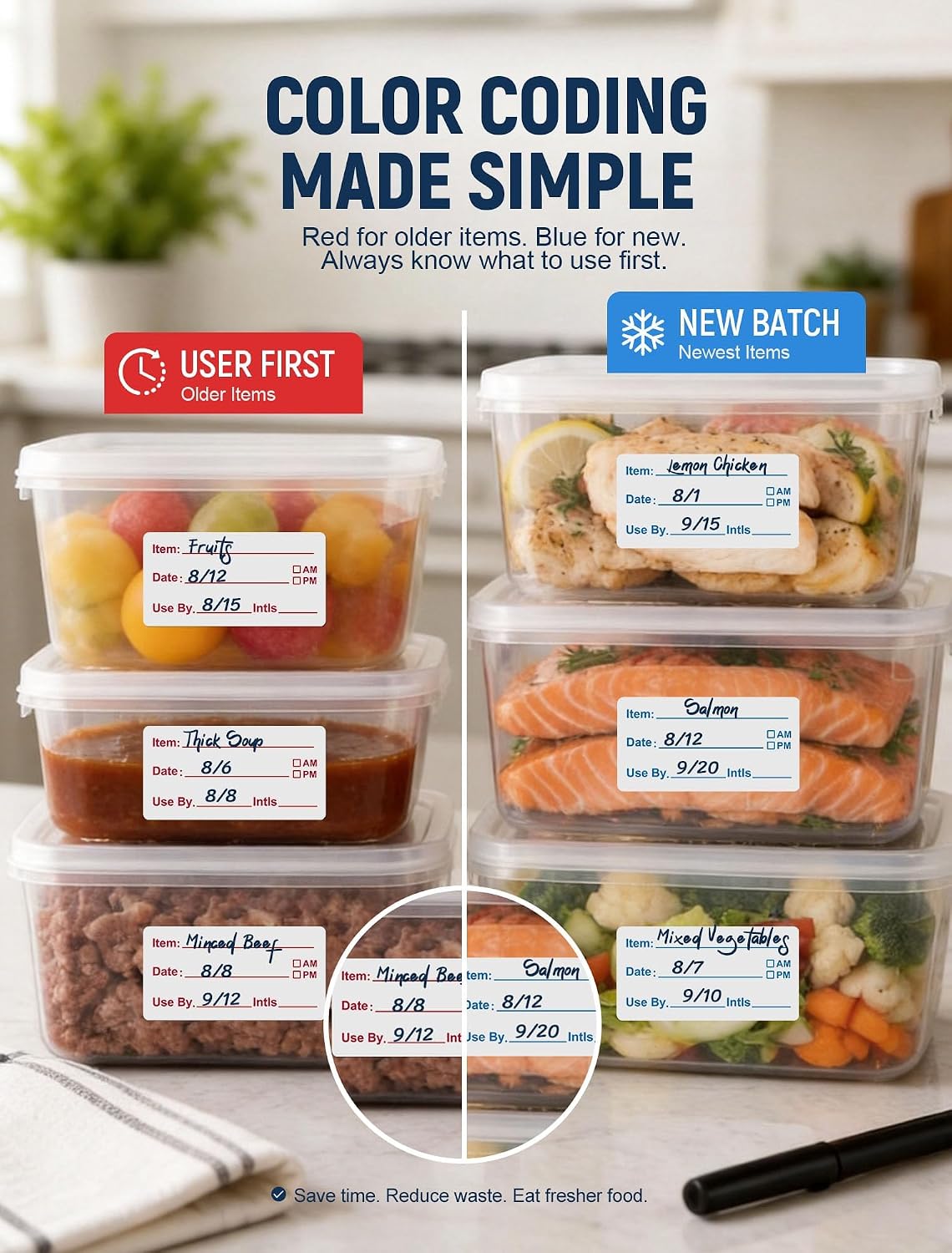 2 Rolls 1000 Pcs Removable Food Labels, 1 x 2 Inch Date Stickers w/Bonus Writing Pen for Freezer Refrigerator Food Containers, Easy to Write on Food Labeling for Food Storage Organization Kitchen Use