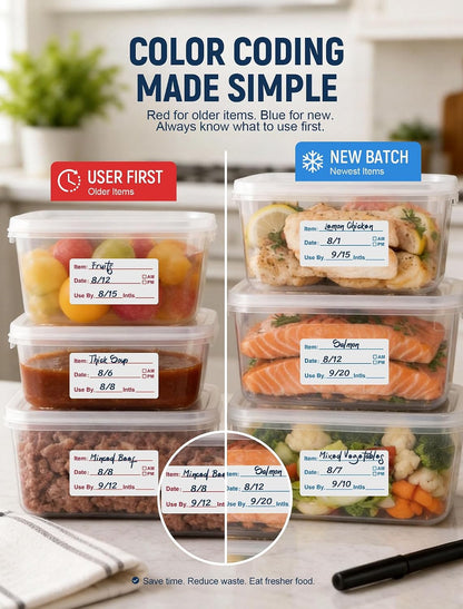 2 Rolls 1000 Pcs Removable Food Labels, 1 x 2 Inch Date Stickers w/Bonus Writing Pen for Freezer Refrigerator Food Containers, Easy to Write on Food Labeling for Food Storage Organization Kitchen Use