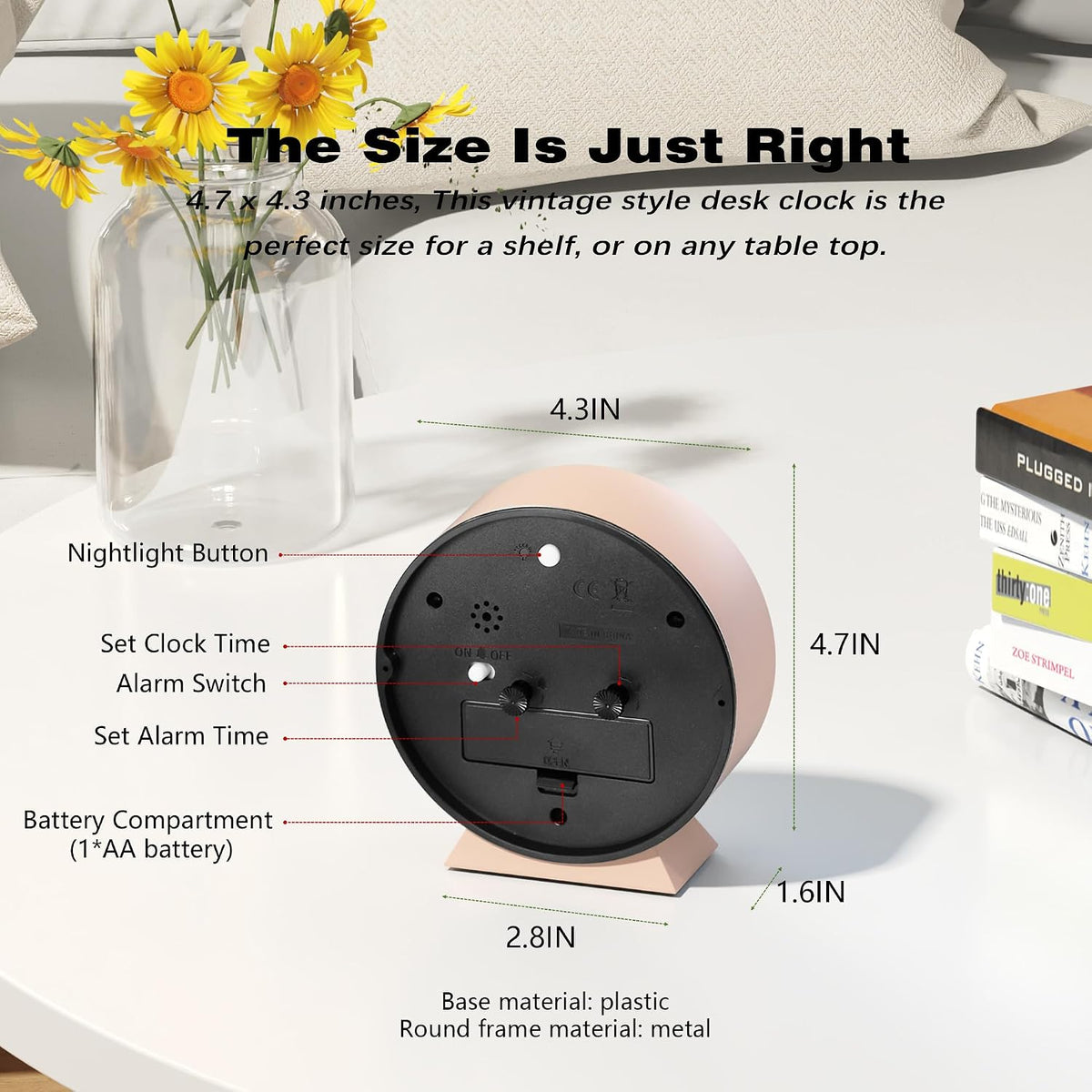 AYRELY® 4.5" Analog Alarm Clock, Small Retro Desk Clock and Table Clock