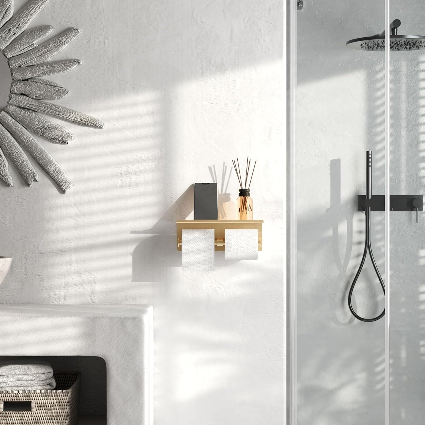 Black Toilet Paper Roll Holder with Shelf Wall Mounted for Bathroom (Black, Double Head)