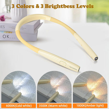 Upgraded LED Neck Reading Light, Book Light, Rechargeable, 3 Colors & 3 Brightness Adjustable, Auto-Off Timer, Neck Light for Reading in Bed, Long Lasting, Perfect for Repairing, Knitting.