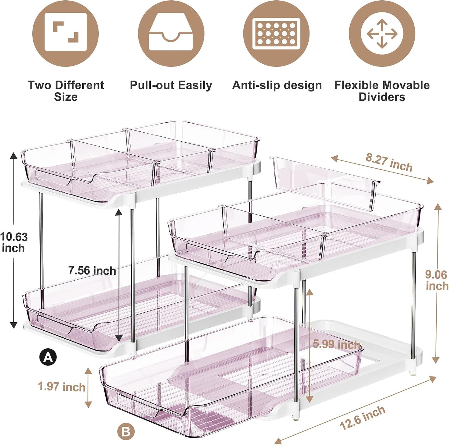 Delamu 2-Tier Multi-Purpose Bathroom Under Sink Organizers and Storage, Stackable Kitchen Pantry Organization, Pull Out Medicine Cabinet Organizer with Movable Dividers, White, 2 Pack