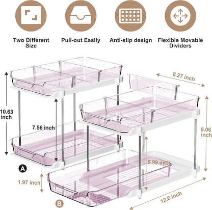 Delamu 2-Tier Multi-Purpose Bathroom Under Sink Organizers and Storage, Stackable Kitchen Pantry Organization, Pull Out Medicine Cabinet Organizer with Movable Dividers, White, 2 Pack