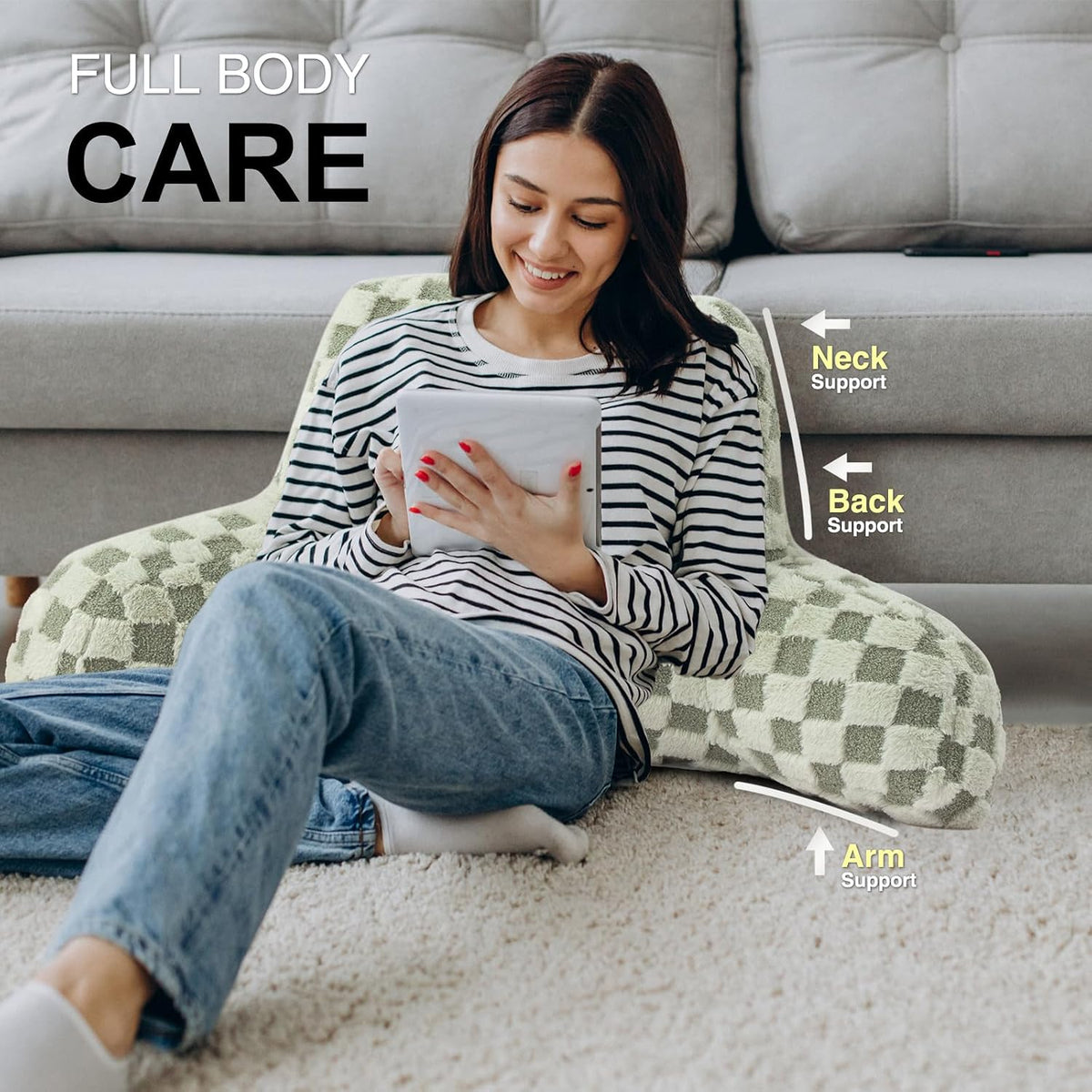 Aimuan Reading Pillow Checkered Bed Rest Wedge Backrest Checkerboard Pillow with Arms Back Support for Sitting Up in Bed Cushion Incline Rest Sleeping Snoring Pillow (Beige,Large)
