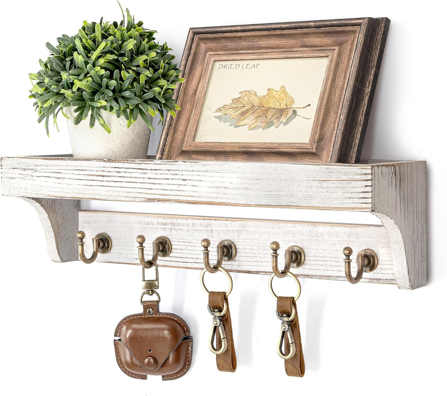 Rebee Vision Key Holder Wall Mount with 5 Hooks for Entryway, Retro Brown | Display Shelf for Plant & Letters, Key Shelf for Hats, Dog Leashes, Mail Organizer, Decorative Entryway & Living Room