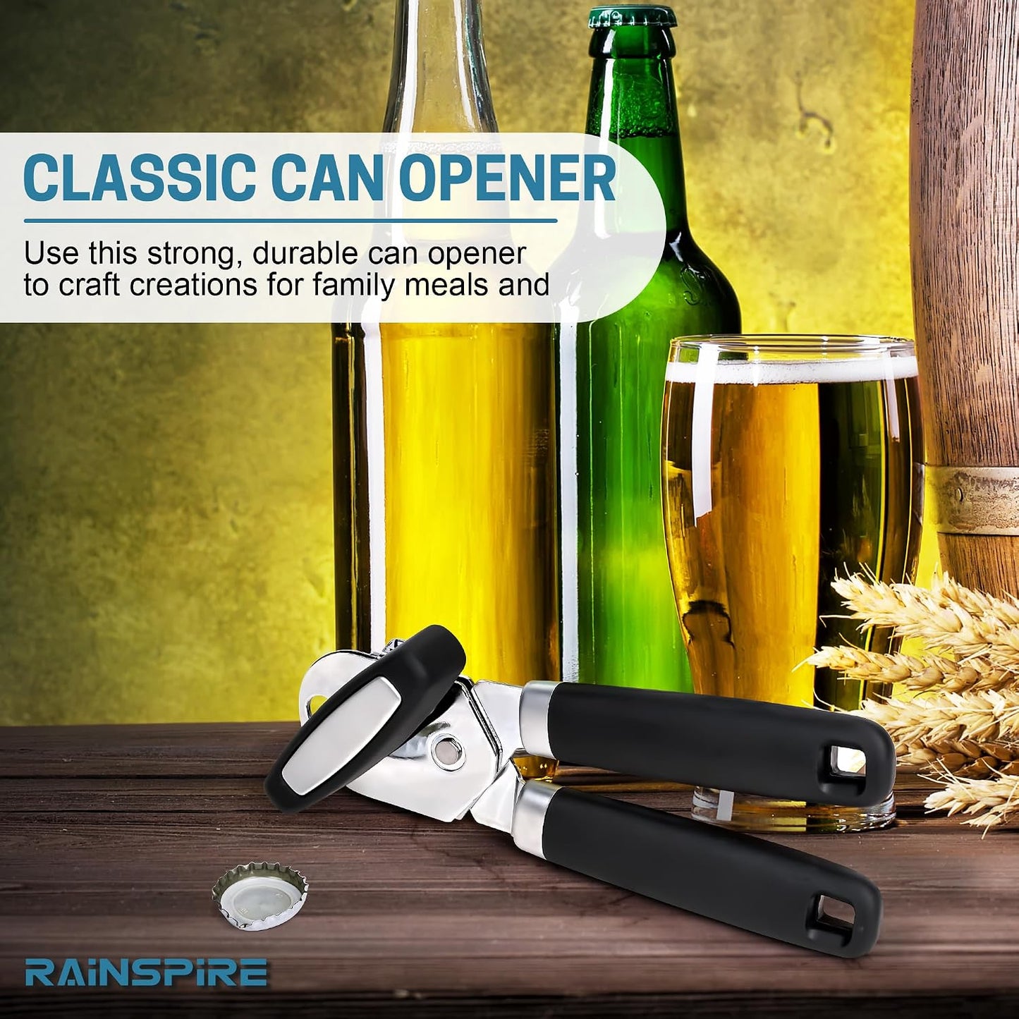 Rainspire Can Opener Manual Handheld Strong Manual Can Opener Smooth Edge Cut, Can Opener Heavy Duty, Comfortable Soft Handle, Built-in Bottle Opener, Turquoise