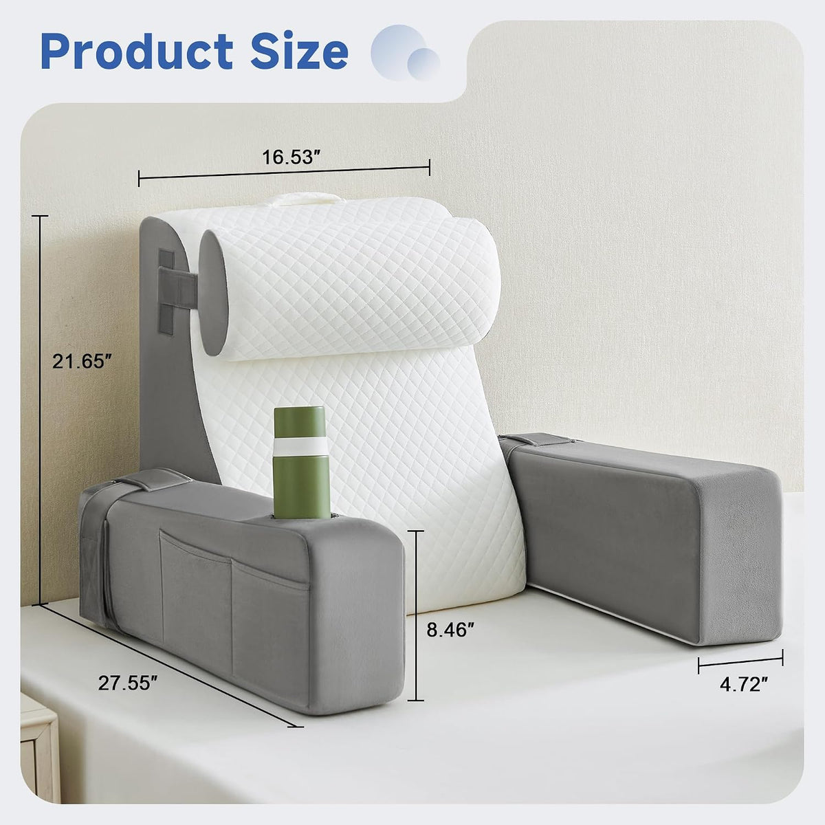 Reading Pillow for Sitting in Bed Adult, Back Pillow for Bed Sitting up with Arms, Pockets and Cup holder, Sit Up Backrest Pillows for Beds Chair Support, Rest Pillow for Gaming (Light gray)