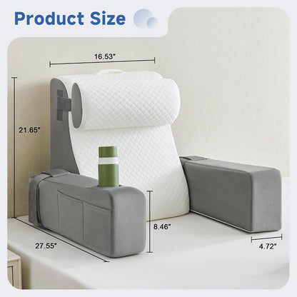 Reading Pillow for Sitting in Bed Adult, Back Pillow for Bed Sitting up with Arms, Pockets and Cup holder, Sit Up Backrest Pillows for Beds Chair Support, Rest Pillow for Gaming (Light gray)