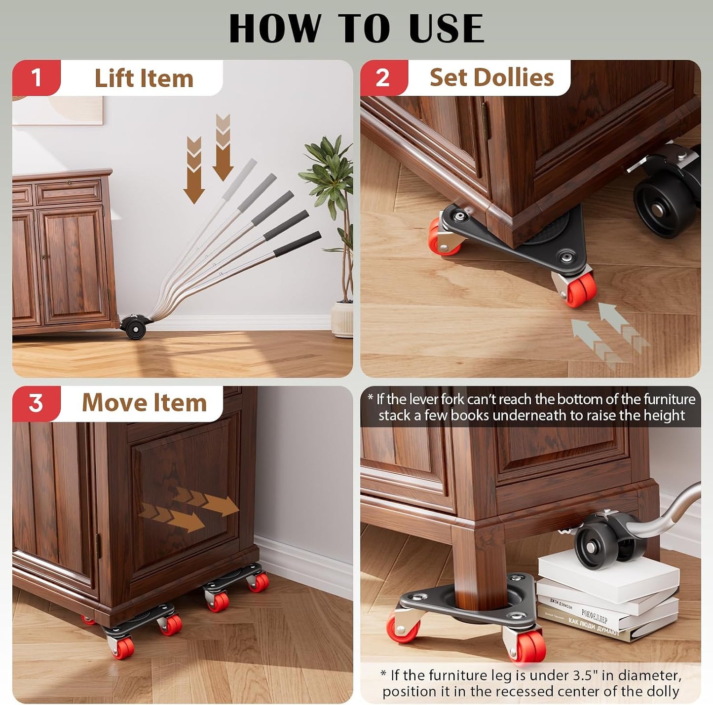 ONEON Heavy Duty Furniture Movers with Wheels Dolly with Auxiliary Lifter, All-New Upgraded Carbon Steel Panels & Dual-Wheeled Casters, Supports up to 1650 lbs (L)