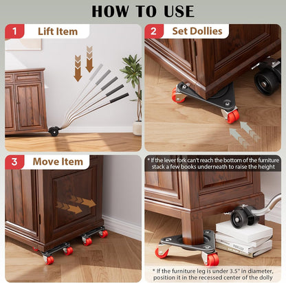 ONEON Heavy Duty Furniture Movers with Wheels Dolly with Auxiliary Lifter, All-New Upgraded Carbon Steel Panels & Dual-Wheeled Casters, Supports up to 1650 lbs (L)