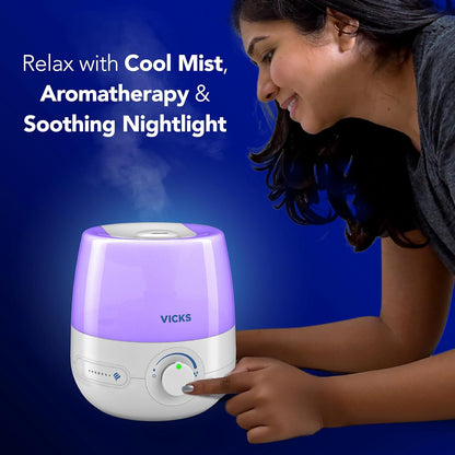 Vicks NaturalCare Cool Mist Ultrasonic Humidifier, White | Small Room Humidifier for Bedroom, Diffuser with Nighttime Light, Works with Vicks VapoPads