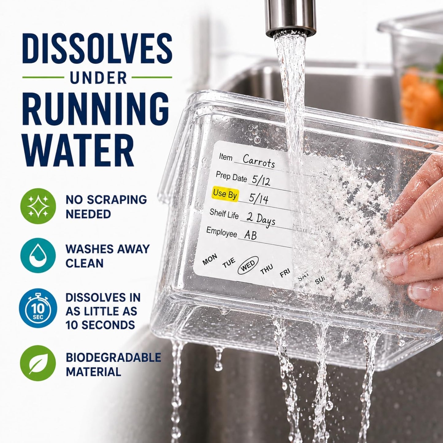 Water Dissolvable Food Labels, 2 x 3, 500/Roll, Food Rotation | Writable Rotation Stickers for Prep Date, Use By, Shelf Life, Restaurants, Kitchens, Fridge and Freezer Storage. Made in USA