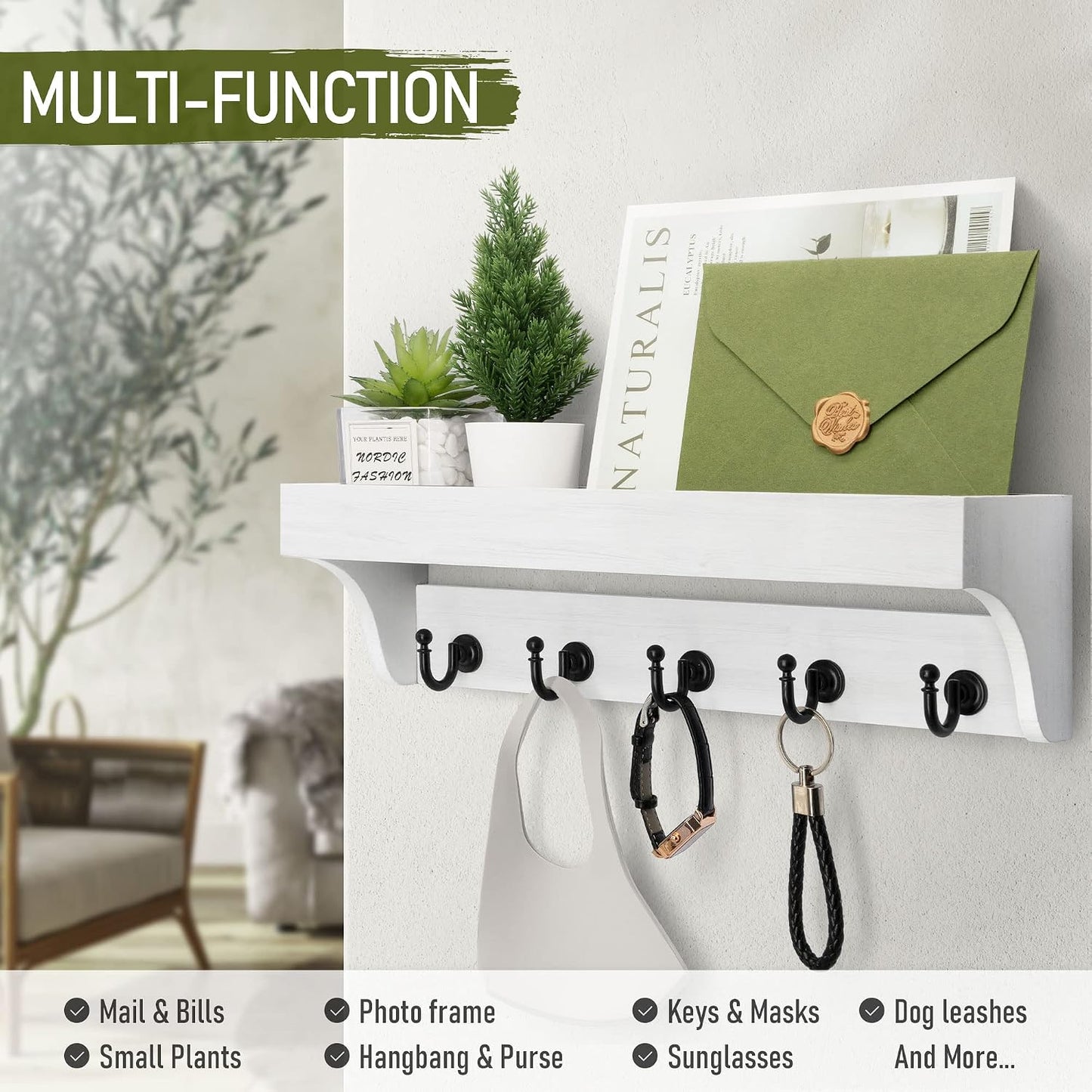 Rebee Vision Key Holder Wall Mount with 5 Hooks for Entryway, Retro Brown | Display Shelf for Plant & Letters, Key Shelf for Hats, Dog Leashes, Mail Organizer, Decorative Entryway & Living Room