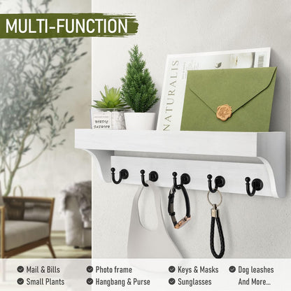 Rebee Vision Key Holder Wall Mount with 5 Hooks for Entryway, Retro Brown | Display Shelf for Plant & Letters, Key Shelf for Hats, Dog Leashes, Mail Organizer, Decorative Entryway & Living Room