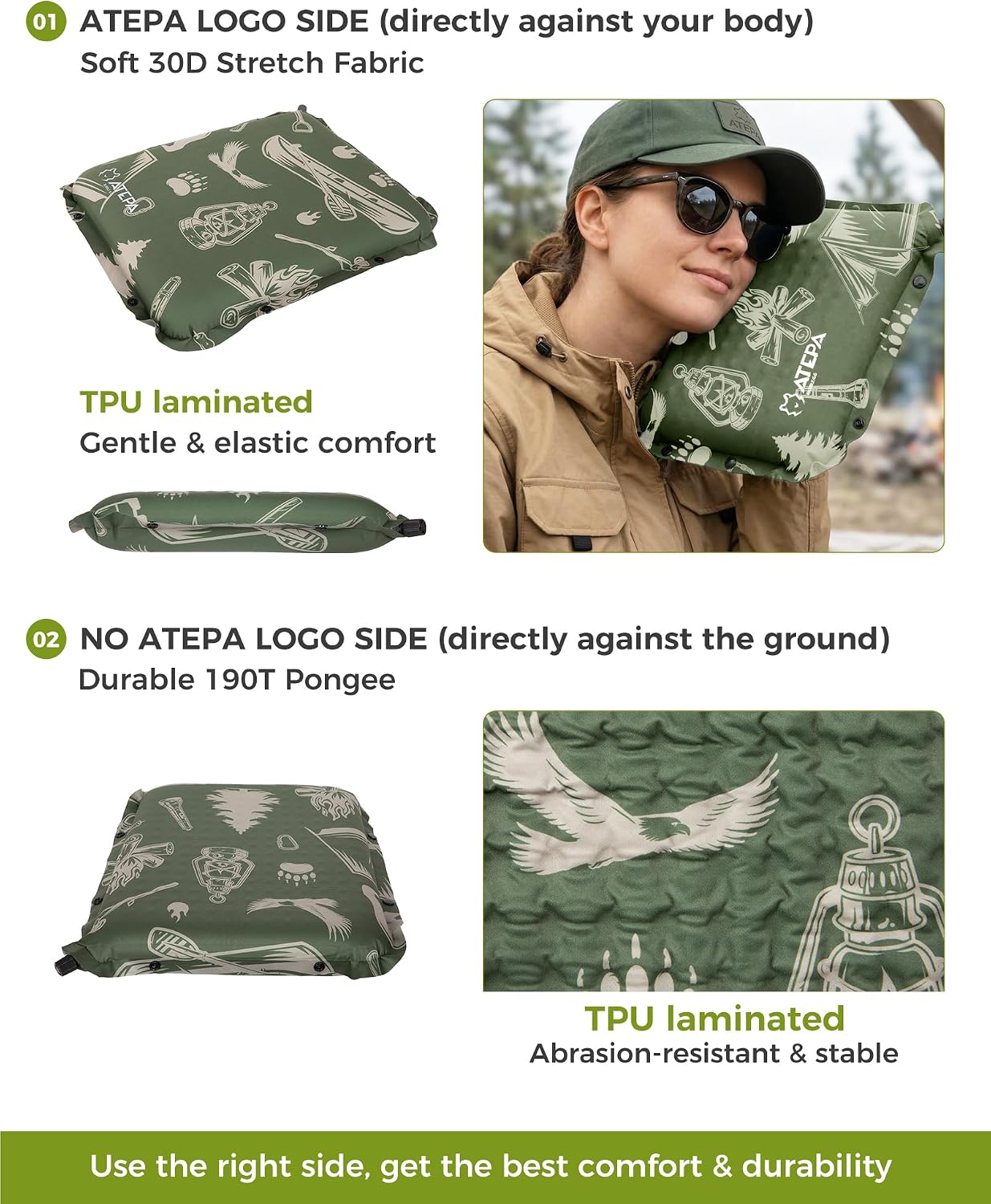 ATEPA Inflatable Seat Cushion | 2" & 2.5" foam core seat pad, Self inflating, Compact, Stadium, Airplane, Travel, Camping, Hiking, Sports events