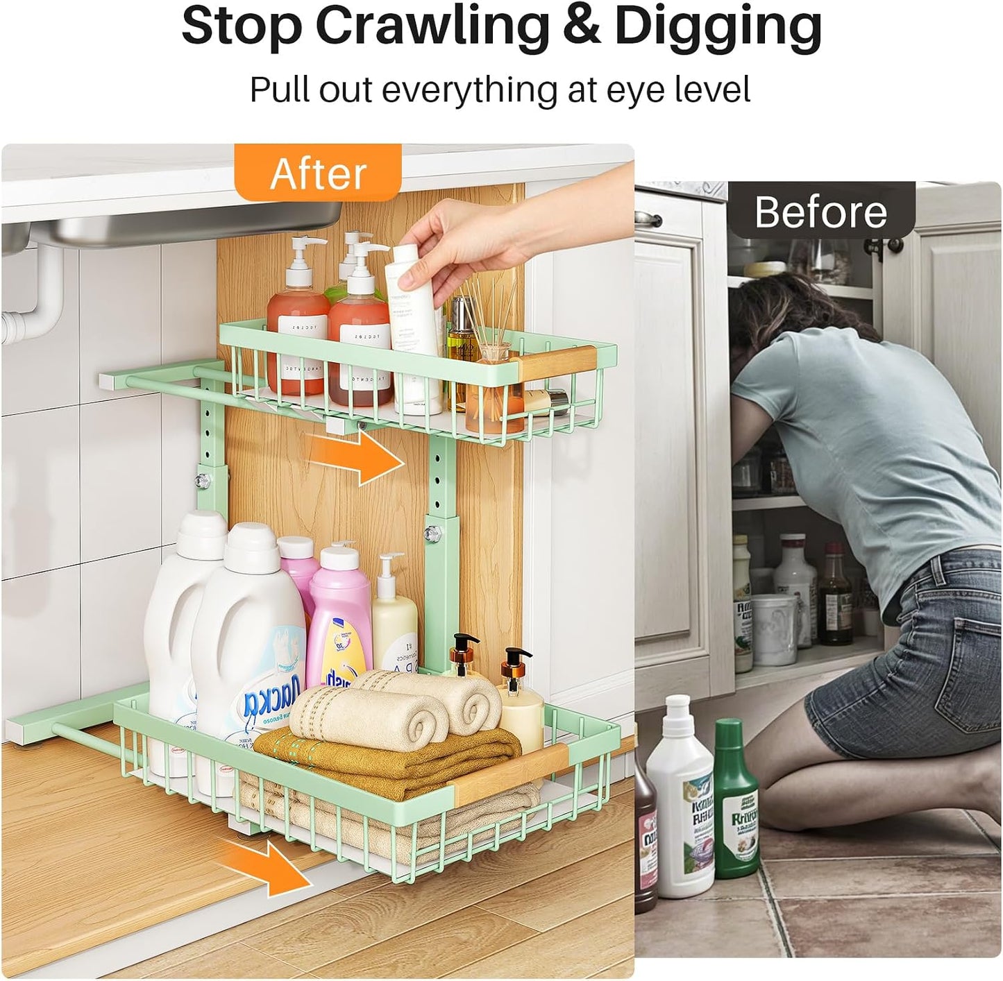 PXRACK Under Sink Organizer, Adjustable Height, 2 Tier Pull Out Under Cabinet Organizer, Slide Out Thickened Metal Under Sink Storage for Kitchen Bathroom Laundry Pantry Cabinet, White, Large-2-Pack