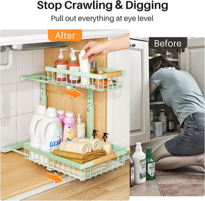PXRACK Under Sink Organizer, Adjustable Height, 2 Tier Pull Out Under Cabinet Organizer, Slide Out Thickened Metal Under Sink Storage for Kitchen Bathroom Laundry Pantry Cabinet, White, Large-2-Pack