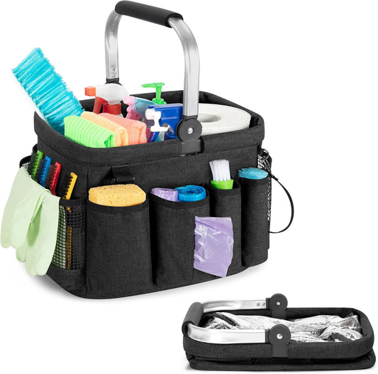 PGmoon Cleaning Caddy Organizer with Handle,Black | Cleaning Tote Bag with Multiple Pockets for Cleaning Supplies, Products Storage, Housekeepers, Kitchen Cleaning Supplies
